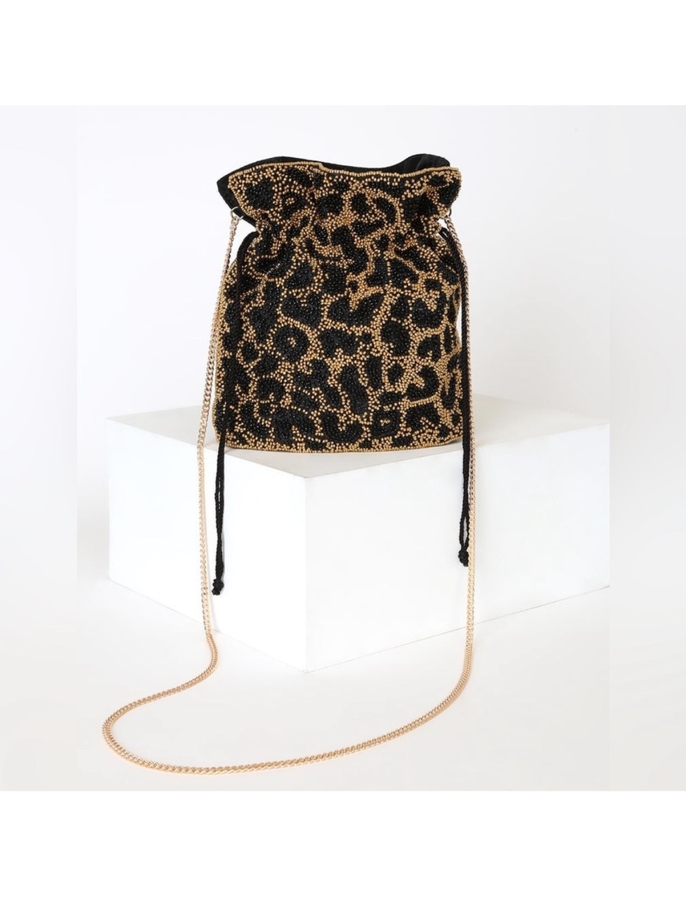Lulus Black & Gold Leopard Beaded Drawstring Crossbody Bag